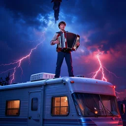 dwight schrute ( the office, rainn wilson ) playing accordion standing atop rv in the stranger things upside down world, blue volumetric lighting, red lightning in background, photorealistic, ultra wide angle