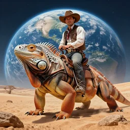 highly detailed illustration of a cowboy riding a giant iguana on a desert planet with earth in the background, hyper realistic, space, sci-fi fantasy