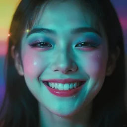 acidwave smiling dripping face vaporwave colors, lens flare, moody lighting, moody vibe, telephoto, 9 0 s vibe, blurry background, grain, tranquil, calm, faded