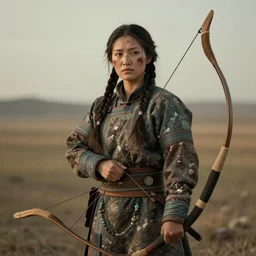 a portrait of a female Mongolian warrior, rustic and weathered, holding a bow, retro, with a scar on her face. trending on artstation, ambient lighting, 4k render, ultra hd, behance art