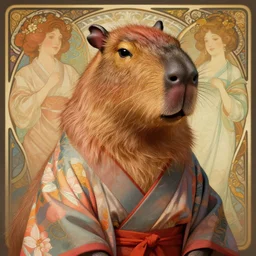 anthropomorphic capybara in kimono, highly detailed, digital painting, artstation, concept art, smooth, sharp focus, illustration, art by artgerm and greg rutkowski and alphonse mucha