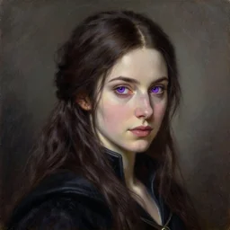 portrait of yennefer of vengerberg. sorceress. the witcher. young and beautiful with purple eyes. oil painting in the style of rembrandt. 4 k. highly detailed.