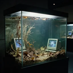 spooky creepy liminal space, display case, aquatic exhibition science museum, dried cracked aquarium, covered in leaves, computer screens, photo taken on 1 9 8 0 s fujifilm superia