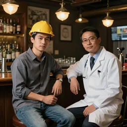 An intricate portrait of an engineer and a doctor sitting in an aesthetic bar, 8k,