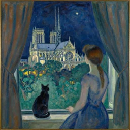 woman and cat with city with tall trees and gothic cathedral seen from a window frame with curtains. dark indigo blue, turquoise, gold, earth brown. night with star. bonnard, henri de toulouse - lautrec, utamaro, matisse, monet