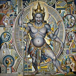 A cinematic full-length portrait of the colossal Hindu demon, by Sandro Botticelli, by Raphael, by Paul Lehr, by Bruce Pennington, by HR Giger, oil on canvas, masterpiece, trending on artstation, featured on pixiv, cinematic composition, dramatic pose, beautiful lighting, sharp, details, details, hyper-detailed, no frames, 8K
