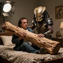 Danny DeVito and The Predator on a bed playing with big wood, cinematic, studio light, 8K,