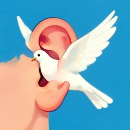 illustration of dove in an ear canal, palette of primaries, bright colours, flat linework, 7 0 s album covers