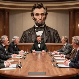 high resolution high quality realistic photo still of Abraham Lincoln in a roundtable debate with Stephen Douglas in a 1968 public television show