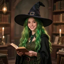happy nathalie emmanuel as a witch, long green hair, cozy atmosphere, fantasy, hat, library, bokeh highly detailed, qichao wang, artgerm, cushart krenz, zeronis, trending on artstation, soft light, sharp edges, illustration, character design, concept art