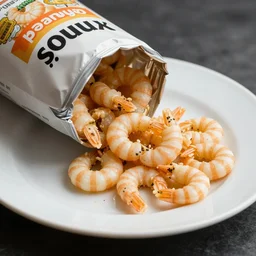 a bag of young's breadwd scampi with mud spilling out onto a plate