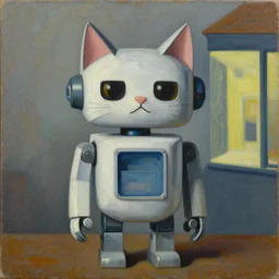 brutalist feline robot portrait, grant wood, pj crook, edward hopper, oil on canvas