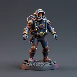 80mm resin detailed miniature of a Diver, diving suit, steampunk, helmet, boots, symbol, textured base; Miniature Product Photos, 4K, view from front