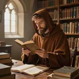 medieval monk in monastry library, trending on artstation