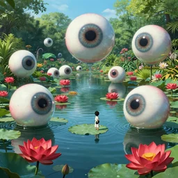 a botanical garden filled with water and red lotus. Giant eyeballs eyeballs eyeballs eyeballs floating in the water, by Marc Simonetti, Zdzislaw Beksinski, Makoto Shinkai Paul Lehr and M. C. Escher, digital art, vibrant color, trending on artstation, HD, 8K, highly detailed, good lighting, beautiful, epic, masterpiece, surreal, detailed, sharp,-H 512