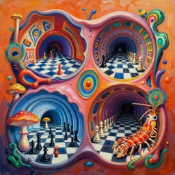 an extremely high quality hd surrealism warm painting of 4 d perspective neon complimentary - colors cartoon surrealism concave melting sculpture composition of zaha hadid biological anatomical peacock mantis shrimp mushrooms by a much more skilled version of kandinskypicasso and salvia dali the fourth, salvador dali's much much much much more talented painter cousin, 8 k, ultra realistic, opera house, chess, tunnels