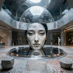 detailed face of a japanese woman, travertine and stainless steel courtyard, terrazzo, tectonic sky, skydome, reactor, utopian, tech noir, wet reflections, prism, atmospheric, ambient, pj crook, syd mead, livia prima, artgerm, greg rutkowski, nick alm, casey baugh