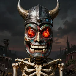 of a skeleton with tiki mask and viking helmet and red fiery eyes inspired by basquiat, art by greg rutkowski