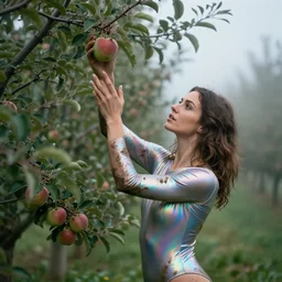 a closeup portrait of a woman wearing a muddy iridescent holographic leotard, picking apples from a tree in an orchard, foggy, moody, photograph, by vincent desiderio, canon eos c 3 0 0, ƒ 1. 8, 3 5 mm, 8 k, medium - format print