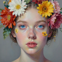 portrait of beautiful girl, blue eyes, covered in flowers by kilart, artgerm, 8 k, hyper detailed, hyper realism, acrylic paint, surrealism, smooth, sharp focus, peter lindbergh,