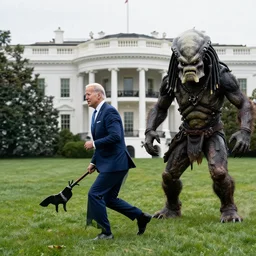 joe biden is being chased by a monster from predator on the white house lawn