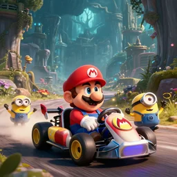 mario kart with minions, an epic fantasy, dramatic lighting, cinematic, establishing shot, extremely high detail, photorealistic, cinematic lighting, artstation, by simon stalenhag, horizon forbidden west