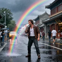 man puking rainbows in the streets of beijing