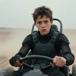 cinestill 5 0 d candid photographic portrait by helen levitt of a mixed teen wearing rugged black mesh techwear driving a buggy through a desolate plain, extreme closeup, modern cyberpunk moody emotional cinematic, dust storm, 8 k, hd, high resolution, 3 5 mm, f / 3 2, ultra realistic faces, ex machina