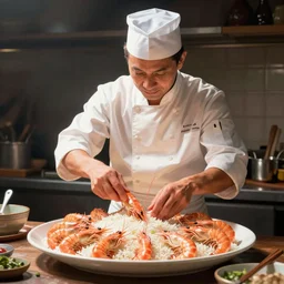 A shrimp chef preparing a dish of rice, digital art, detailed