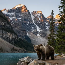 landscape photography, canadian rockies, bears, trees, lake, golden hour