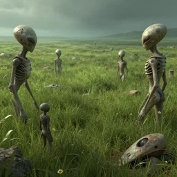 stalkers in the zone, grass field, old alien artifacts, trending on artstation