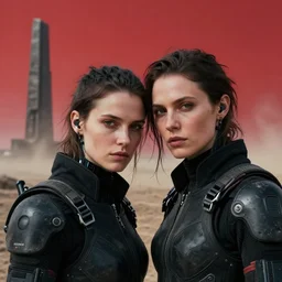 cinestill 5 0 d f / 3 2 3 5 mm photographic portrait of two loving female androids wearing rugged black techwear on a desolate plain with a brutalist monument and a red sky, extreme closeup, cyberpunk style, dust storm, 8 k, hd, high resolution, ultra realistic faces, ex machina