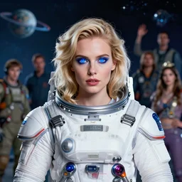 studio portrait of an absurdly beautiful european with blonde hair and glowing royal blue eyes woman in luxurious space suit in a scenic multiversal environment by james jean, amano yoshitaka, marc simonetti, jean giraud, martine johanna, josan gonzalez