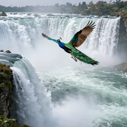 peacock flying over a cascade of multiple gigantic niagara falls in the himalaya, epic mountains, dawn, sunrise colors, fantasy illustration, matte painting, concept art, low angle shot, volumetric lighting, volumetric atmosphere, morning mist, art by james gurney, unreal engine 5, 8 k