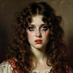 a beautiful but sinister girl in layers of fear, with haunted eyes and curly hair, 1 9 7 0 s, seventies, delicate embellishments, a little blood, crimson, painterly, offset printing technique, by alexandre cabanel, mary jane ansell