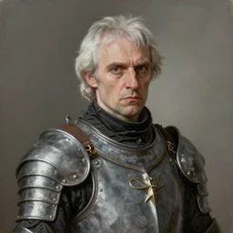 portrait painting of a sarcastic man with mid white hair wearing a grey pelt gambeson, early 3 0 s. sharp focus, award - winning, trending on artstation, masterpiece, highly detailed, intricate. art by seb mckinnon