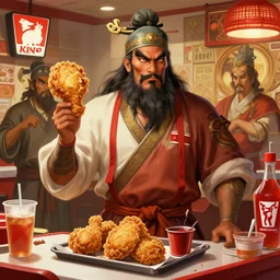 genghis khan as a kentucky fried chicken restaurant manager, intricate, highly detailed, digital painting, artstation, concept art, smooth, sharp focus, illustration, unreal engine 5, 8 k, art by artgerm and greg rutkowski and alphonse mucha