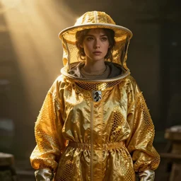 futuristic female beekeeper, wearing silky nanotech honeycomb robe, dramatic lighting, golden colors, light shaft, artstation, photorealistic, intricate, greg rutkowski