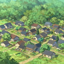 detailed exterior of rural village surrounded by a forest, visual novel background