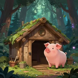 a cartoonish female pig is near a wooden hut in a mystical forest full of wonders, pine trees, magical atmosphere, trending on artstation, 30mm, by Noah Bradley trending on ArtStation, deviantart, high detail, stylized portrait
