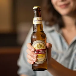 a woman holding a bottle of beer, photorealistic