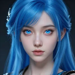 a young, slender girl, with blue hair and bright blue eyes, hyperrealistic face, beautiful eyes, fantasy art, intricate, hyperdetalized, smooth, cyberpunk, tech
