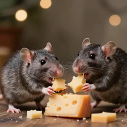 high quality presentation photo of vicious anthropomorphic rats with sharp teeth eating cheese, and fighting each other over cheese, photography 4k f1.8 anamorphic bokeh 4k Canon Nikon