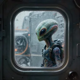 a cinematic painting of an alien inside of spaceship looking out of a small rainy window, beautiful lighting, high depth, ultra realistic, artistic, by annie leibovitz and zack snyder