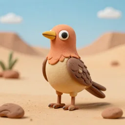 claymation of bird in the desert, clay, beautiful close up