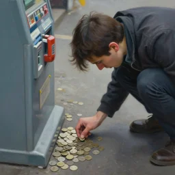 focus on person and money, hyper - realism painting, a person looking for coins on the ground to use a machine, amnesiac, frantically searching, looking for credits, tokenized capitalism, focus on oxymoronic dichotomy, you have to pay to play, detailed texture