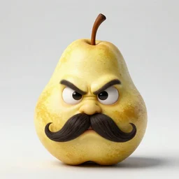 an angry pear with a mustache