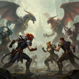 hyperrealism fantasy creatures fight scene with characters from league of legends portrait, anthony van dyck, digital art, wallpaper of an fantasy fight, background of sci fi city in fog, diffused lighting, extremely detailed, 8 k, sharp, trending dop hdr, film grain