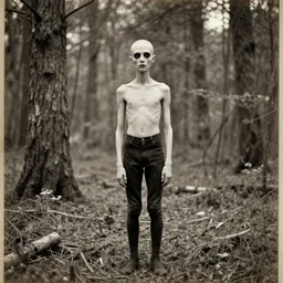 an very old photo of slenderman in the forest