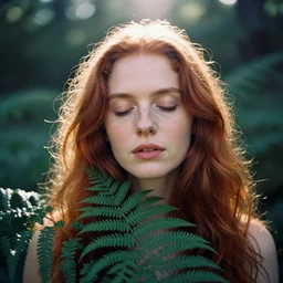 An analog head and shoulder frontal face portrait photography of a redhead woman. She is behind multiple fern leaves. Cinematic. Long hair. eyes closed. Kodak Ektachrome E100 film. Sunshine. detailed. hq. realistic. Rembrandt light style. warm light. muted colors. lens flare. photoreal. Bloom and glare. Leica M9.